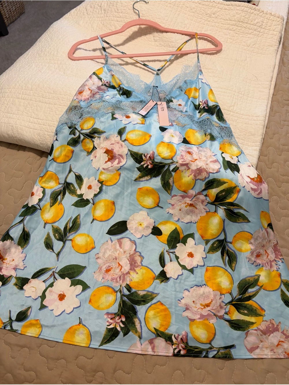 Victoria's Secret Light Blue Lemon & Floral Satin Slip with Lace Trim